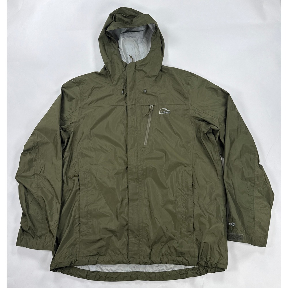 LL Bean Mens Rain Jacket Large L Green Trail Model Waterproof Hooded TEK 2.5